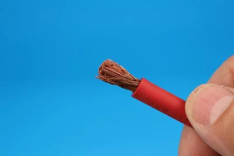 The hand holds the electrical copper wire in insulation. Stockfoto's