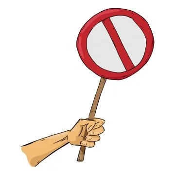 Hand holds an empty round banner. Crossed out banner without text. Round bann Stock Illustration