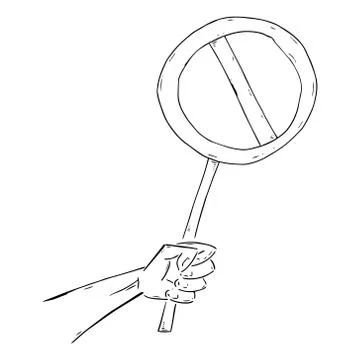 Hand holds an empty round banner. Crossed out banner without text. Round bann Illustration