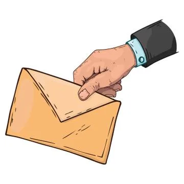 Hand holds an envelope icon. Vector illustration male hand holds a sealed env Stock Illustration