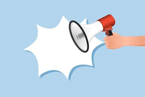 Hand holds explosive loudspeaker speech banner. Loud notification template of Stock Illustration