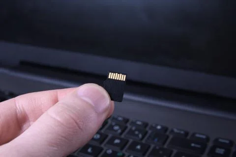 Hand holds flash drive,Micro SD memory card adapter on laptop background. clo Stock Photos