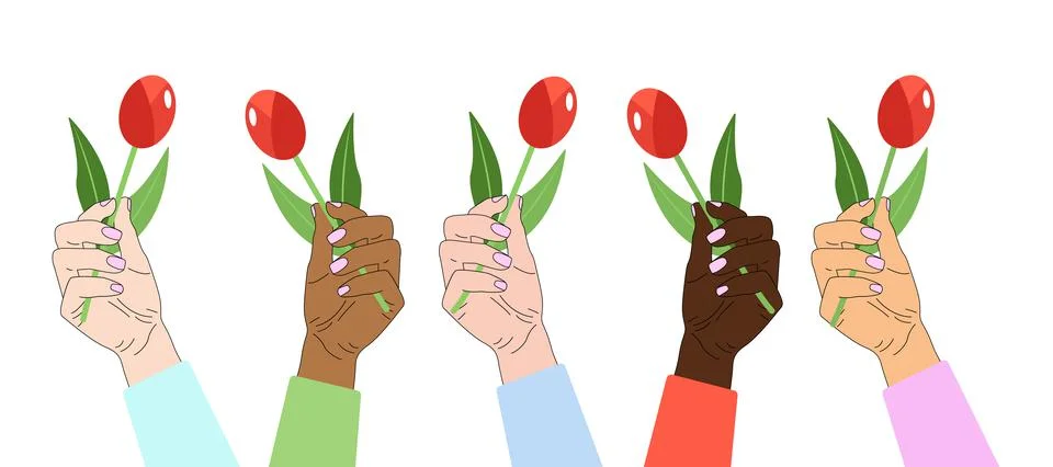 Hand holds a flower. Hands of different nationalities Stock Illustration