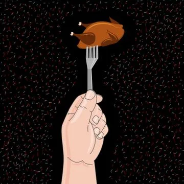 Hand holds a fork with cooked turkey Stock Illustration