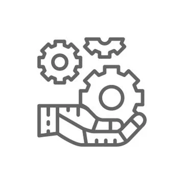 Hand holds a gear, tech development, engineering, technology line icon. Stock Illustration