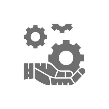 Hand holds a gear, tech development, engineering, technology grey icon. Stock Illustration