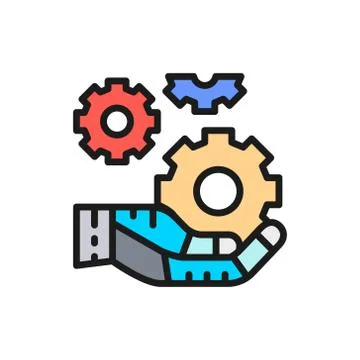 Hand holds a gears, tech development, engineering, technology color line icon. Stock Illustration