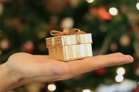 Hand holds a gift in small box, christmas tree in background Stock Footage 10742018