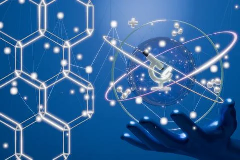 A hand holds a globe with scientific elements Illustrazione stock