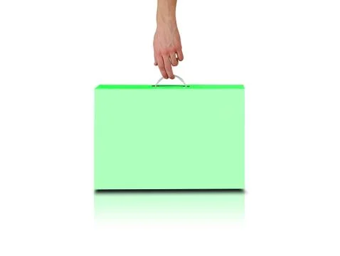 Hand holds a green box with a handle. Packing box for laptop. Isolated on w.. Stock-Fotos