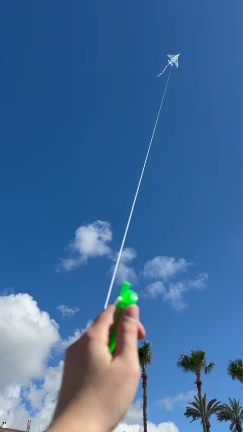 Hand holds kite string with colorful kite flying high against bright blue summer Stock Footage 334663699