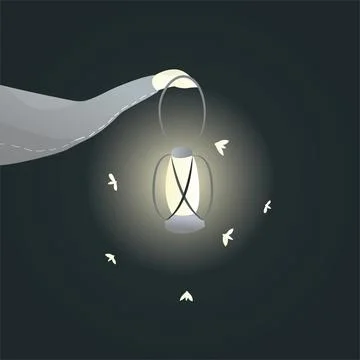 A hand holds a lantern in the dark around which fireflies fly Stock Illustration