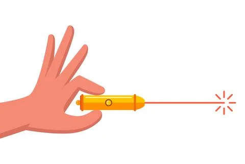 Hand holds a laser pointer. direct the red beam. Illustrazione stock