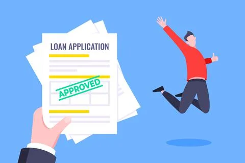 Hand holds loan approval application paper sheets document. Stock Illustration
