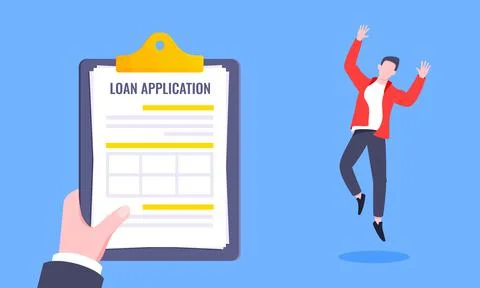 Hand holds loan approval application paper sheets document. 스톡 일러스트