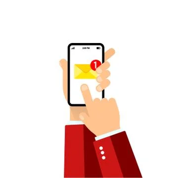 Hand holds a mobile phone on the screen envelope. New email notification on m Stock Illustration