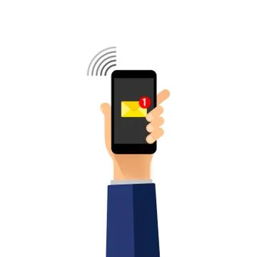 Hand holds a mobile phone on the screen envelope. New email notification on m Stock Illustration
