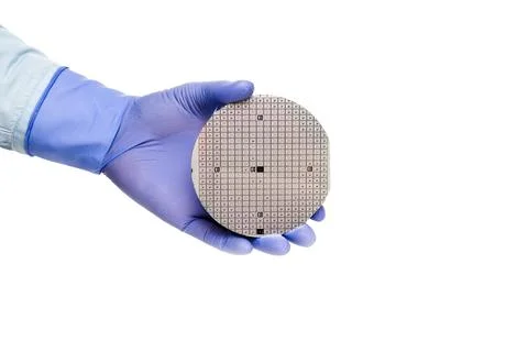 A hand holds multilayer semiconductor silicon wafer with a microcircuit chip Stock Photos
