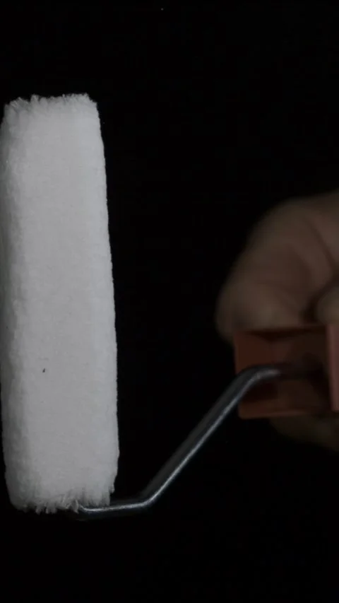 Hand holds paint roller upright for home renovation, presenting its clean w.. Stock Footage 348443208