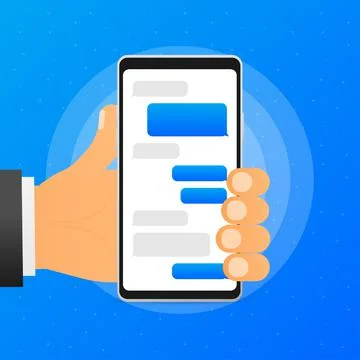 Hand holds phone with chat message on blue background. Vector illustration. Stock Illustration