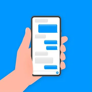 Hand holds phone with chat message on blue background. Vector illustration. Stock Illustration