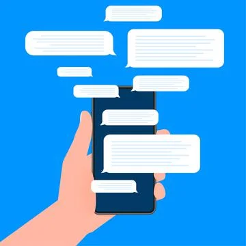 Hand holds phone with chat message on blue background. Vector illustration. Stock Illustration
