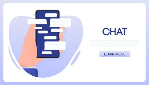 Hand holds phone with chat message on blue background. Vector illustration. Stock Illustration