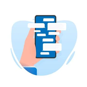 Hand holds phone with chat message on blue background. Vector illustration. Stock Illustration