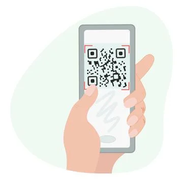 A hand holds a phone with a qr code on the screen. Scan code over the phone. Stock Illustration