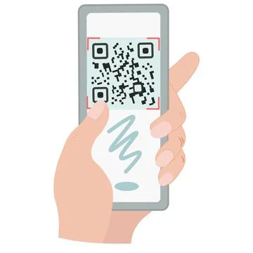 A hand holds a phone with a qr code on the screen. Scan the code on your phon Stock Illustration