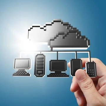 Hand holds pixel cloud network icon sign Illustrazione stock
