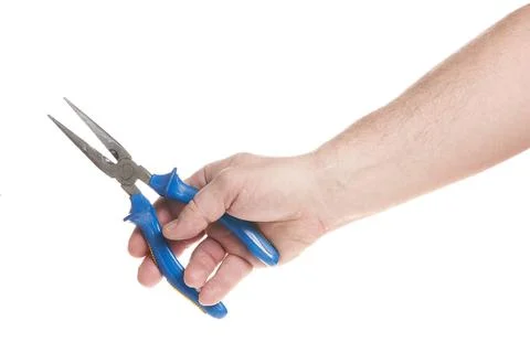 Hand holds pliers on a white background, template for designers. Stock Photos
