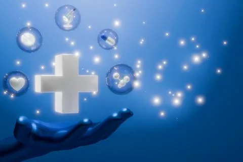 A hand holds a plus sign surrounded by health symbols Illustrazione stock