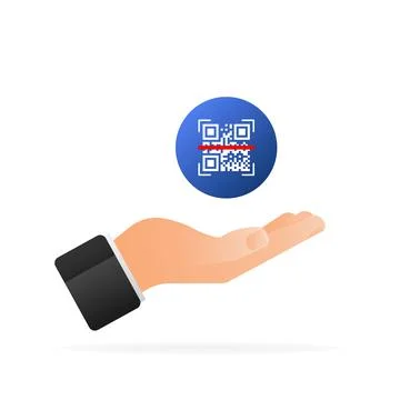 Hand holds qr code to pay on screen. Phone on green background. Vector Illustrazione stock