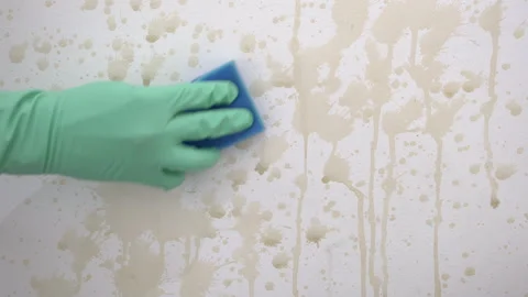 Hand holds a rag and washes coffee wall Vidéo 253636618