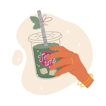 Hand holds a refreshing iced tea in plastic glass Stock Illustration