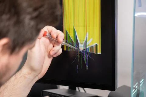 Hand holds screwdriver, pointing at computer monitor with severely cracked .. Foto stock