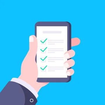 Hand holds smartphone with complete checklist with check marks tick icon vector Stock Illustration