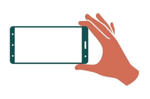 Hand holds smartphone in horizontal position on a white background. template イラスト素材