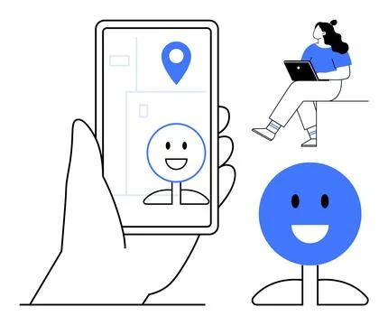 Hand holds a smartphone with map and location icon beside smiling face, seate Stock Illustration