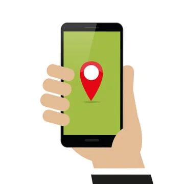 Hand holds smartphone with map pointer on display navigation 스톡 일러스트