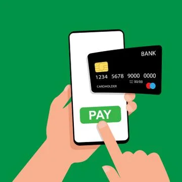 A hand holds a smartphone with a pay button and a credit card Stock Illustration