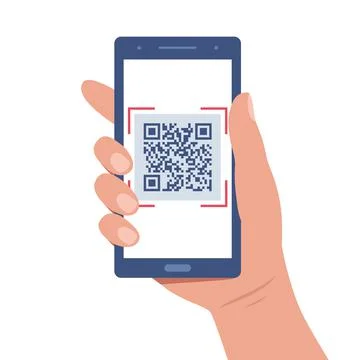 Hand holds a smartphone with a QR code on the screen. QR code scanning or cap 写真素材