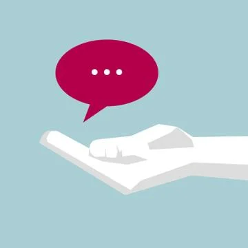 A hand holds speech bubble icon.Hand is white,Background is blue. Illustrazione stock