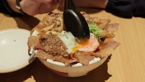 Hand holds spoon over savory rice bowl. Stock Footage 338348060
