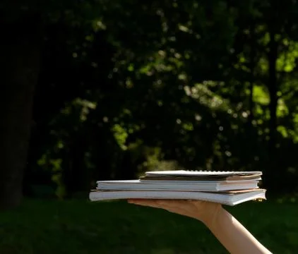 Hand holds a stack of books on a background of trees on a sunny summer day. Foto stock