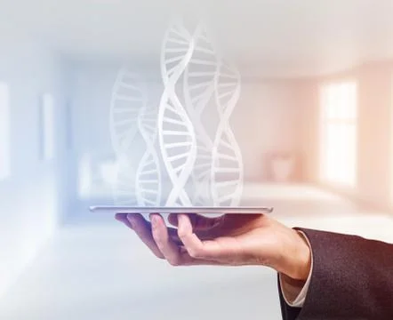 Hand holds tablet computer and dna molecule projection. 스톡 사진