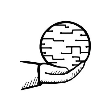 Hand holds technology sphere doodle icon. Metaverse concept. Vector illustrat Stock Illustration