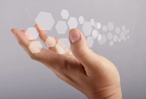 Hand holds touch screen interface screen Illustrazione stock