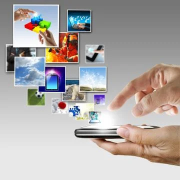 Hand holds touch screen mobile phone streaming images Stock Illustration